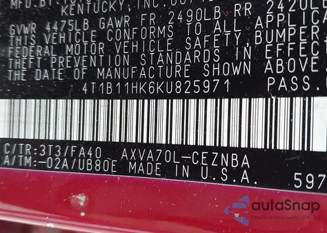 2019 Toyota Camry Le из США, поврежденный, VIN 4T1B11HK6KU825971